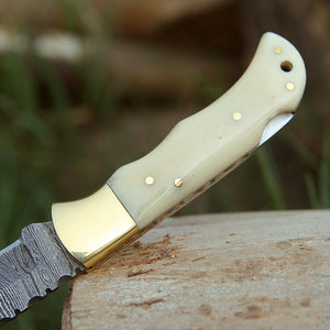 Cosmo Handmade Damascus Pocket Knife with Bone Handle - TRAPSKI