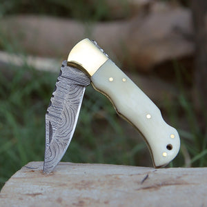 Cosmo Handmade Damascus Pocket Knife with Bone Handle - TRAPSKI