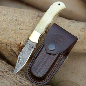 Cosmo Handmade Damascus Pocket Knife with Bone Handle - TRAPSKI