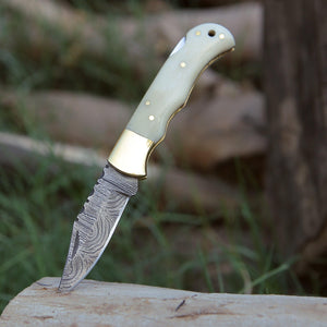 Cosmo Handmade Damascus Pocket Knife with Bone Handle - TRAPSKI