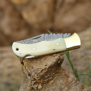 Cosmo Handmade Damascus Pocket Knife with Bone Handle - TRAPSKI
