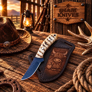 Cowboy Belt Skinner Knife – Powder-Coated Rasp Steel & Sheep Horn