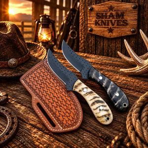 Cowboy Belt Skinner Knife Set – Powder-Coated Rasp Steel & Horn