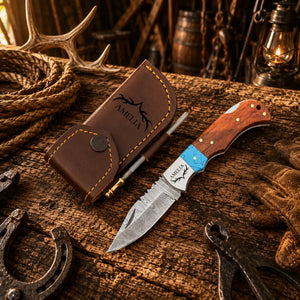 Cowboy Champion Carry Damascus Folding Pocket Knife – Turquoise & Wood Back Lock EDC Knife