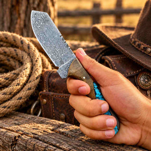 Handmade Damascus Cowboy Cutter Knife with Walnut & Turquoise Handle