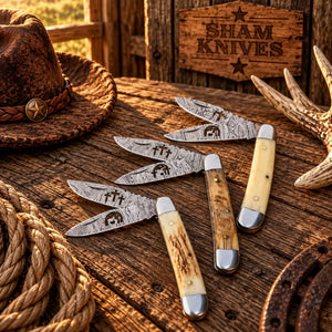 Cowboy Damascus Trapper Knife Set – Double Blade Stag & Bone Handles