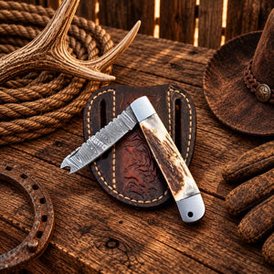 3-Inch Cowboy Damascus Trapper Folding Knife – Stag Horn Handle & Sheath