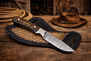 Cowboy Hunting Sheath Knife – 4" Damascus Steel Pinecone Handle