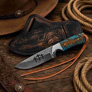 Praying Cowboy Knife – Damascus Steel Blade with Pine Cone Handle & Leather Sheath