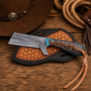 Damascus Steel Bullcutter Knife with Pine Cone Handle & Leather Sheath