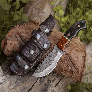 Crest Damascus Tracker Knife with Exotic Rose Wood and Horn Handle - TRAPSKI