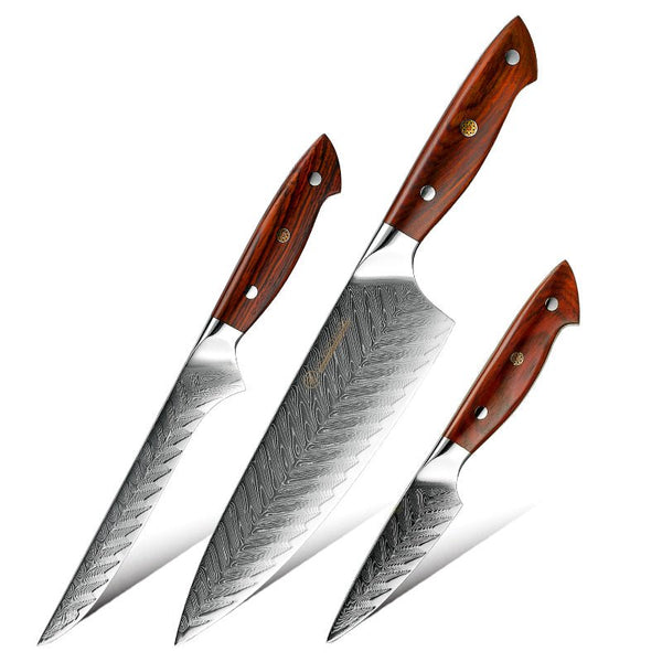 Glamour 3 Piece Professional Knife Set VG10 Damascus with Exotic Sandal Wood Handle