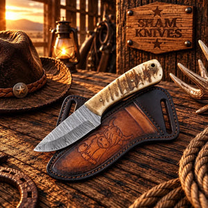 Cross-Draw Damascus Skinner Knife – Sheep Horn Handle & Sheath