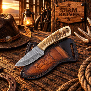 Cross-Draw Damascus Skinner Knife – Sheep Horn Handle & Sheath
