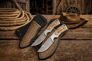 Cross Draw Sheath Knife – 3.75" Damascus Steel Pinecone Handle