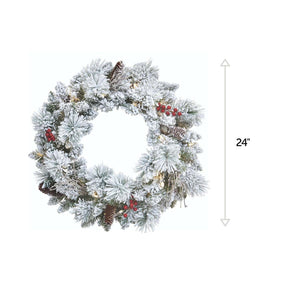 NOMA 24" Pre-Lit LED Flocked Berry Christmas Wreath with 35 Warm White Lights