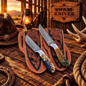 Custom Damascus Cowboy Skinner Knife Set – Pinecone Handles & Sheaths