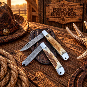 Custom Damascus Trapper Folding Knife Set – Stag Horn & Leather Sheath