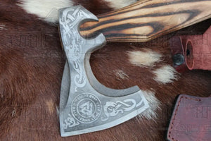 Custom Forged Carbon Steel Viking Axe with Dark Wood Shaft, Viking Bearded Camping Axe