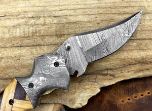 Custom Hand Forged Damascus Folding Knife Damascus Bolster With Olive & Dark Wood Handle WH 3527