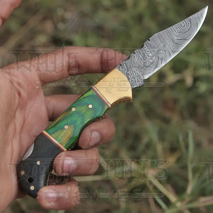 Custom Hand Forged Damascus Folding Knife Brass Bolster With Horn & Stain Wood Handle WH 5002