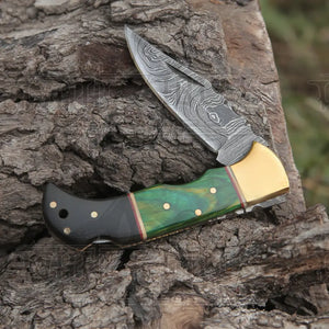 Custom Hand Forged Damascus Folding Knife Brass Bolster With Horn & Stain Wood Handle WH 5002