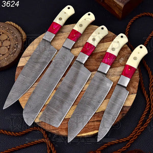 Custom Hand Made Forged Damascus Chef Knife Set Steel Bolster With Bone & Stained Wood Handle WH 3624