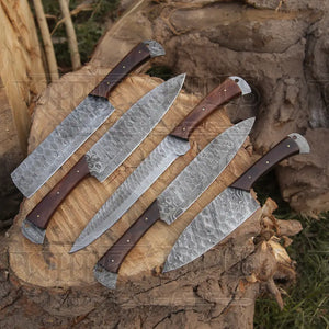 Custom Hand Made Forged Damascus Steel Chef Knife Set Kitchen Knives With Wood Handle WH 9009