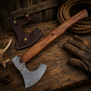 Custom Handmade Damascus Steel Axe Hatchet with Rosewood Handle & Sheath