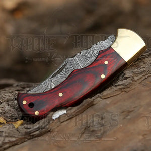 Custom Handmade Damascus Steel Pocket Folding Knife Stained Wood Handle WH 1255
