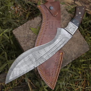 Custom Handmade Forged Damascus Steel Survival Hunting Bushcraft Kukri Knife EDC 12” With Cocobolo Wood Bull Horn & Engraved Bolster Handle WH 3895