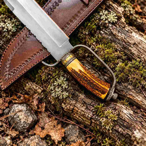 Custom D-Guard D2 Bowie Knife with Stag Antler Handle and Leather Sheath