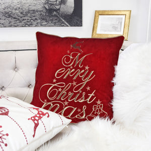Red Velvet Christmas Throw Pillow with Merry Christmas Embroidery