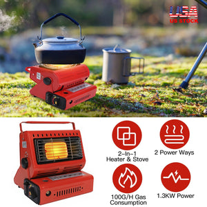 2 in 1 Portable Butane Burner Heater Outdoor Butane Gas Heater Warmer Heating Cooking Stove Cooker for Camping Fishing RV Travel