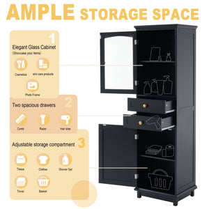 Tall Bathroom Storage Cabinet With Glass Doors, Free-Standing, Two Drawers, And Adjustable Shelves, Board, Painted Perfect For Displaying Your Favorite Items