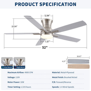 Mordern Flush Mount Ceiling Fan With Light And Remote Control