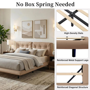 Queen Size Upholstered Floating Bed Frame with LED Lights, Khaki
