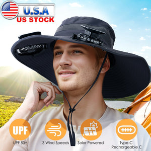 Outdoor Wide Brim Sun Hat With 2 Rechargeable Fans Solar Powered 3 Wind Speeds UPF50+ Breathable Waterproof Nylon Mesh Outdoor Hat For Hiking Camping