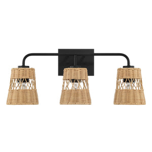 Moonlit - 3 Lights Wall Sconce With Shade, Bathroom Lighting Fixtures Over Mirror - Black / Rattan