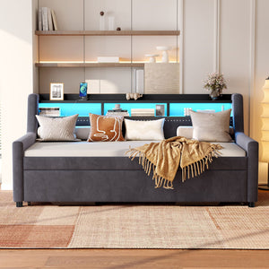 Twin Size Daybed With Trundle With LED Light ? Charging Station - Dark Gray