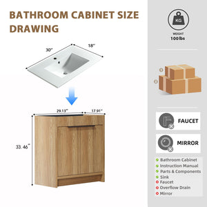 30inch Floor-Standing Bathroom Vanity with 3D Grooved Panel and Integrated Ceramic Sink
