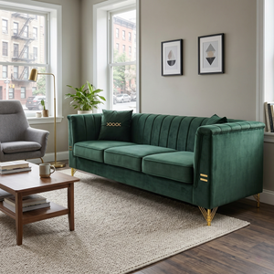 FX-P82-GR3 82.67" Modern Velvet 3-Seater Chesterfield Sofa with 2 Pillows