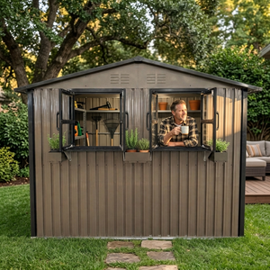 6x9 FT Outdoor Metal Storage Shed with Window & Flower Rack