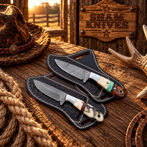 Compact Cowboy Working Knife Pair – D2 & Damascus Steel Blades
