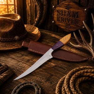 D2 Steel Fillet Knife – Purple Honeycomb & Ash Wood Handle with Sheath