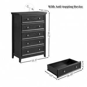 Modern 5-Drawer Black Dresser for Living Room Storage