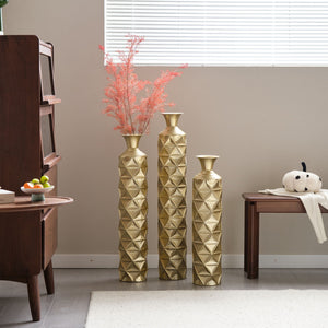 Metal Decorative Vase High Distress Metal Center Vase With 3D Triangle Pattern, (Set of 3) Vases For Home Decoration - Gold
