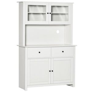 Homcom - 63.5" Kitchen Buffet With Hutch, Pantry Storage Cabinet With 4 Shelves, Drawers, Framed Glass Doors, Open Microwave Countertop - Antique White
