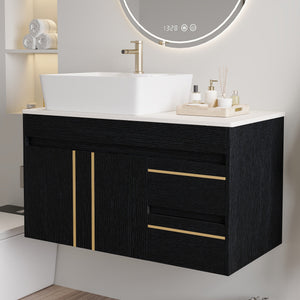 36" Wall-Mounted Bathroom Vanity with Vessel Ceramic Sink & Plywood Countertop