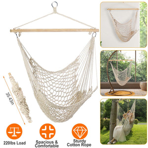 Hammock Chair Hanging Rope Seat Swing w/ Wooden Stick 220lbs Load for Patio Yard Porch Outdoor Bedroom Indoor